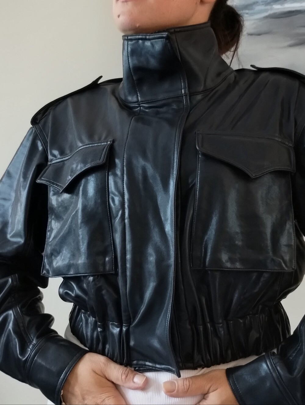 Norma Kamali Black Faux Leather Cropped Jacket - Women XS
